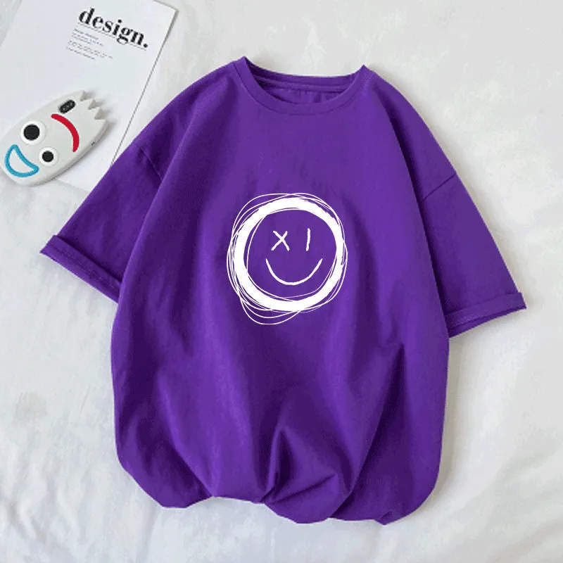 【110-160】人気オススメ 合わせやすい 子供服 笑顔柄 半袖 Tシャツ