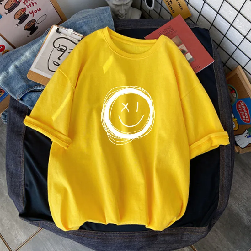 【110-160】人気オススメ 合わせやすい 子供服 笑顔柄 半袖 Tシャツ