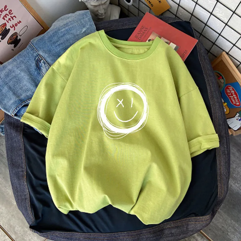 【110-160】人気オススメ 合わせやすい 子供服 笑顔柄 半袖 Tシャツ