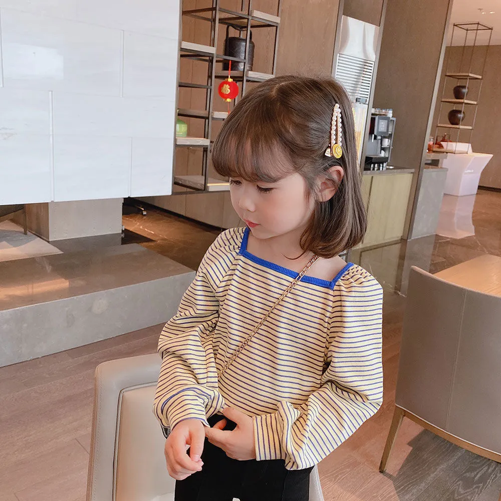 【85-125】韓国 ボーダー柄 配色 スクエアネック 長袖 子供 服 女の子 キッズ Tシャツ