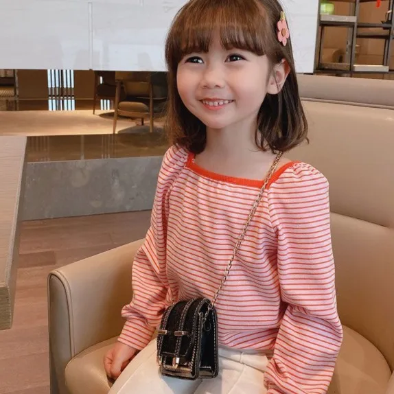 【85-125】韓国 ボーダー柄 配色 スクエアネック 長袖 子供 服 女の子 キッズ Tシャツ