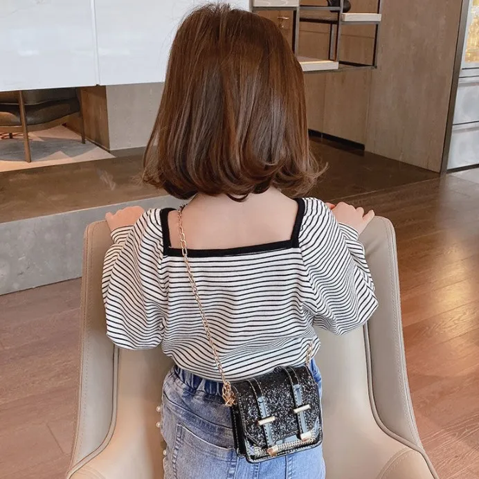 【85-125】韓国 ボーダー柄 配色 スクエアネック 長袖 子供 服 女の子 キッズ Tシャツ