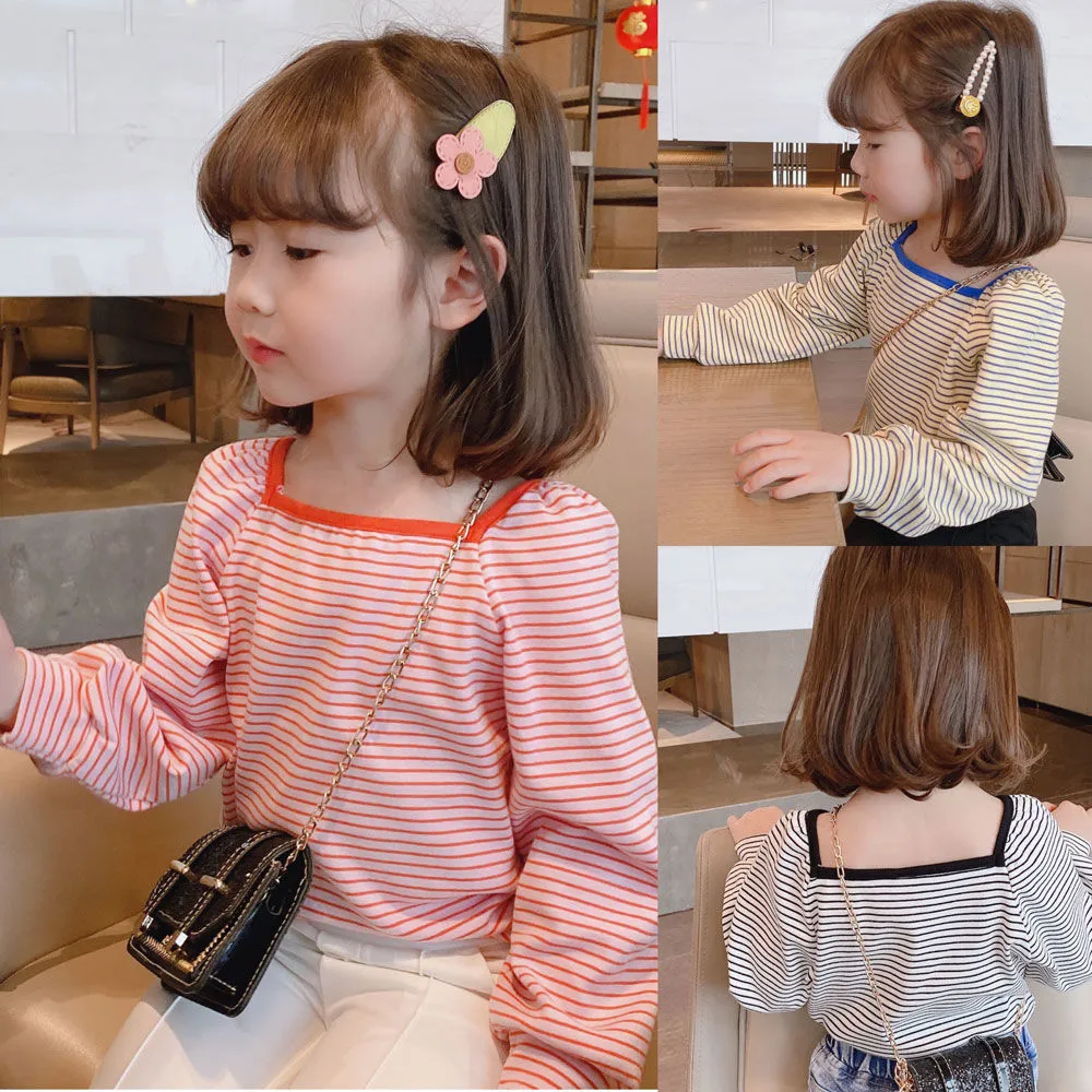 【85-125】韓国 ボーダー柄 配色 スクエアネック 長袖 子供 服 女の子 キッズ Tシャツ