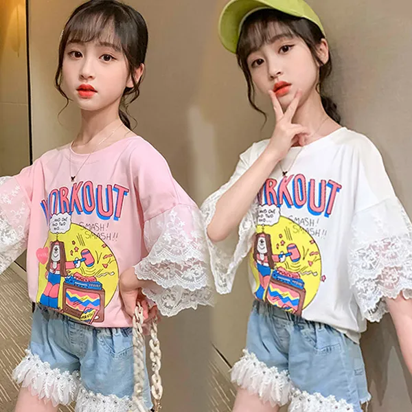 【120-160】韓国 可愛い プリント カートゥーン フリル レース 夏 子供服 女の子 キッズ ジュニア トップス 半袖 Tシャツ