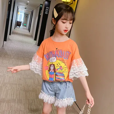 【120-160】韓国 可愛い プリント カートゥーン フリル レース 夏 子供服 女の子 キッズ ジュニア トップス 半袖 Tシャツ