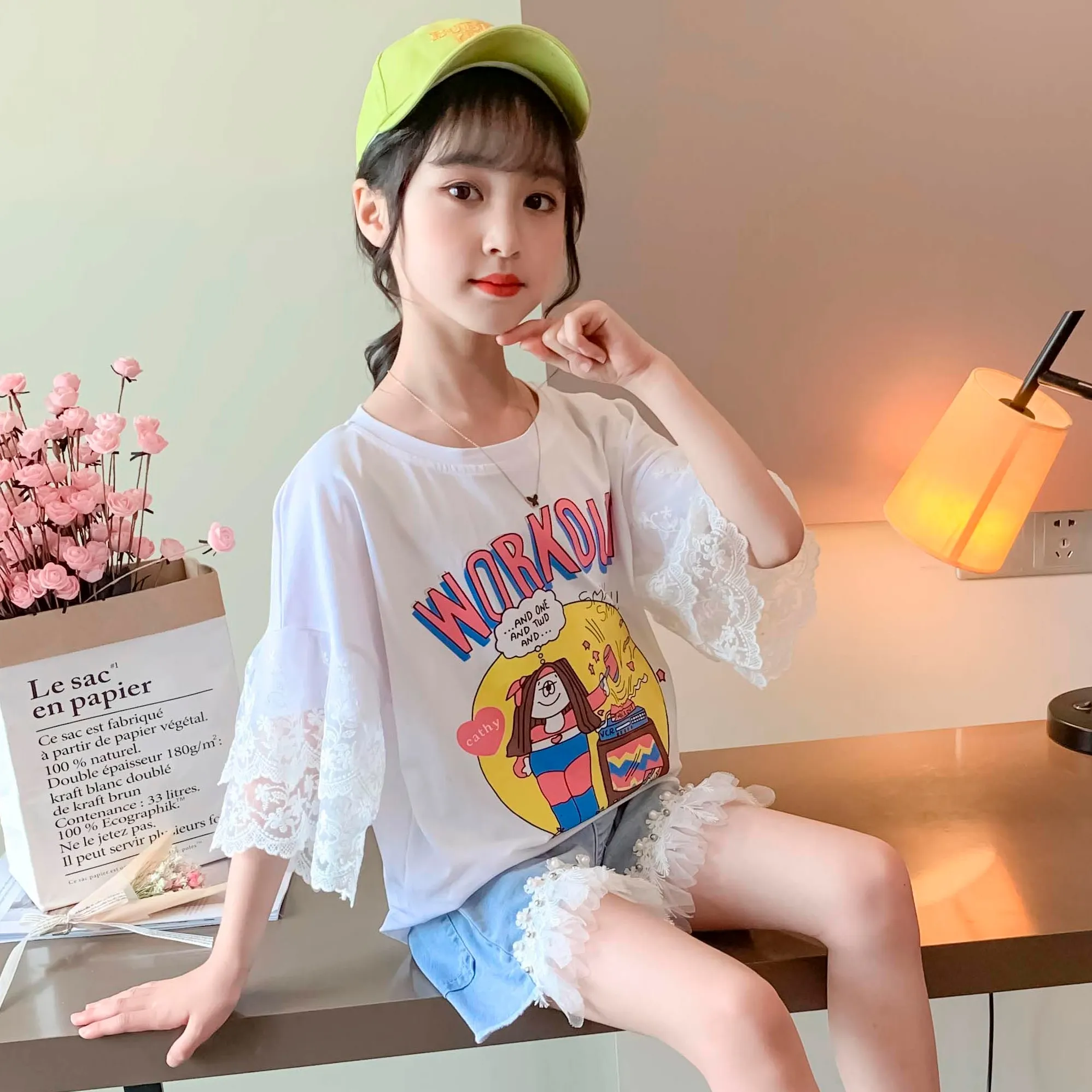 【120-160】韓国 可愛い プリント カートゥーン フリル レース 夏 子供服 女の子 キッズ ジュニア トップス 半袖 Tシャツ