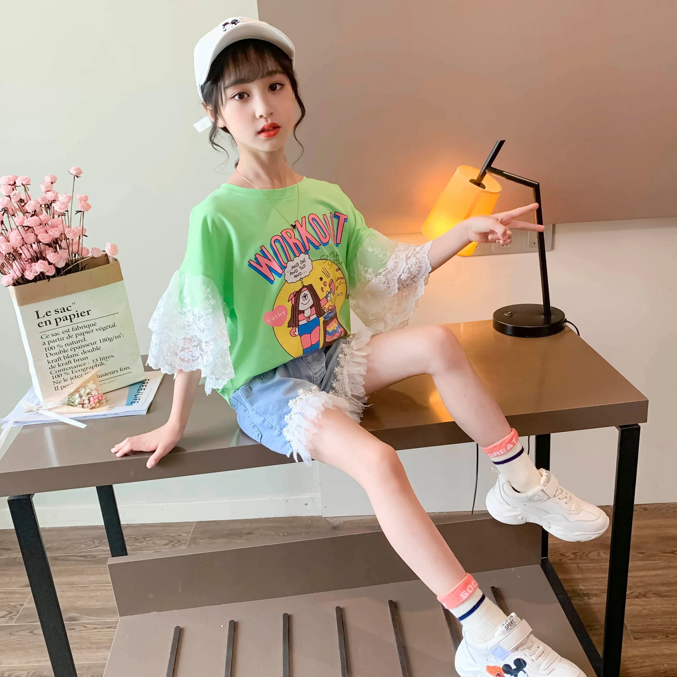 【120-160】韓国 可愛い プリント カートゥーン フリル レース 夏 子供服 女の子 キッズ ジュニア トップス 半袖 Tシャツ