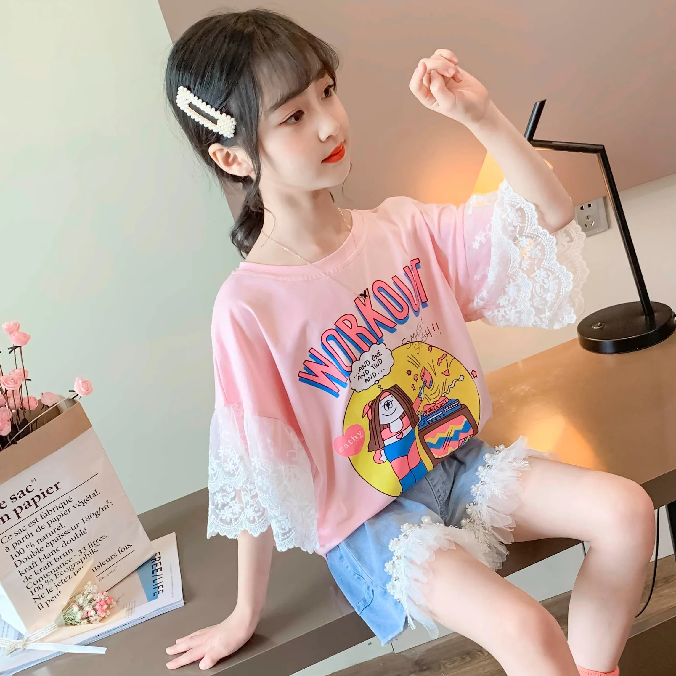 【120-160】韓国 可愛い プリント カートゥーン フリル レース 夏 子供服 女の子 キッズ ジュニア トップス 半袖 Tシャツ