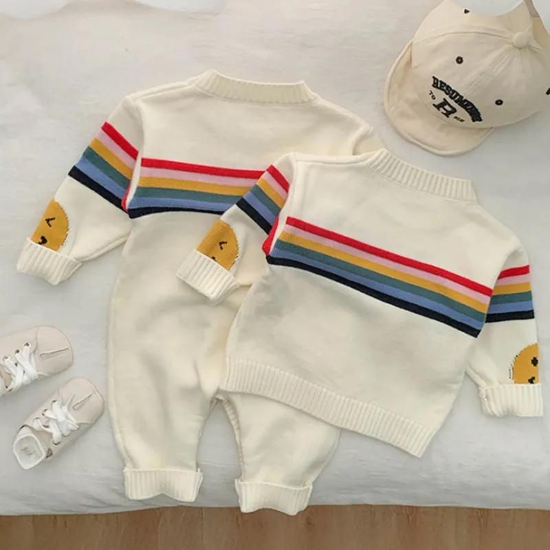 【66-100cm】単品注文 兄弟お揃い オシャレ ボーダー柄 虹柄 笑顔柄 キュート 韓国系 ベビー服 セーター トップス/ロンパース