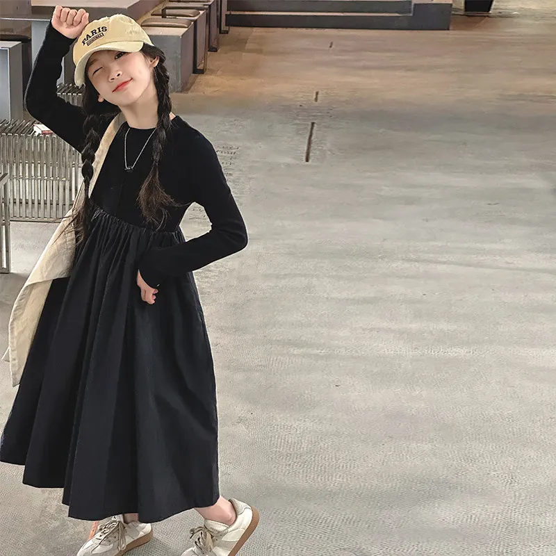 【120-170】プリンセス風 無地 ハイウエスト Aライン 春秋 子供服 女の子 ジュニア キッズ ワンピース