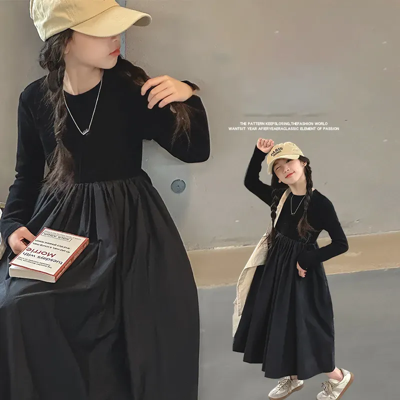 【120-170】プリンセス風 無地 ハイウエスト Aライン 春秋 子供服 女の子 ジュニア キッズ ワンピース