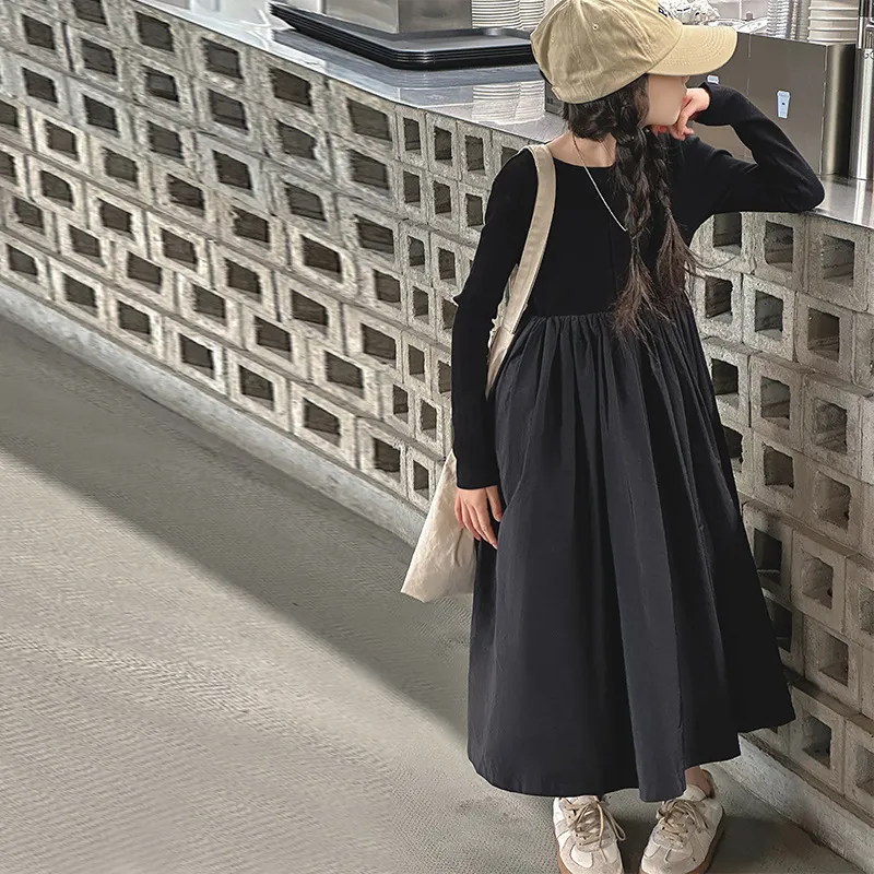 【120-170】プリンセス風 無地 ハイウエスト Aライン 春秋 子供服 女の子 ジュニア キッズ ワンピース