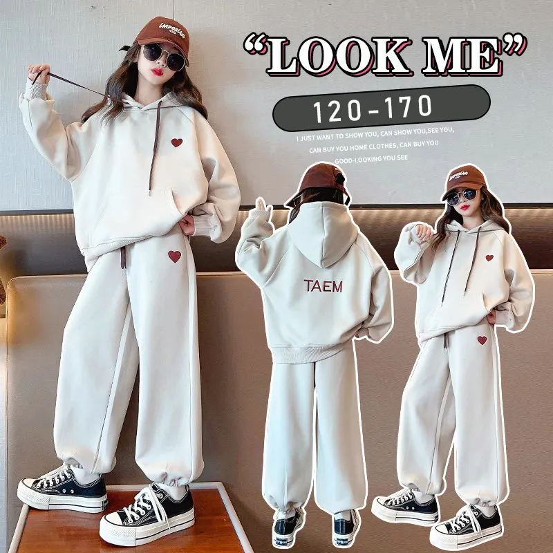 【120-170】韓国系 無地 刺繍 ゆったり パーカー+パンツ 子供服 キッズ 女の子 ジュニア セットアップ スウェットセット
