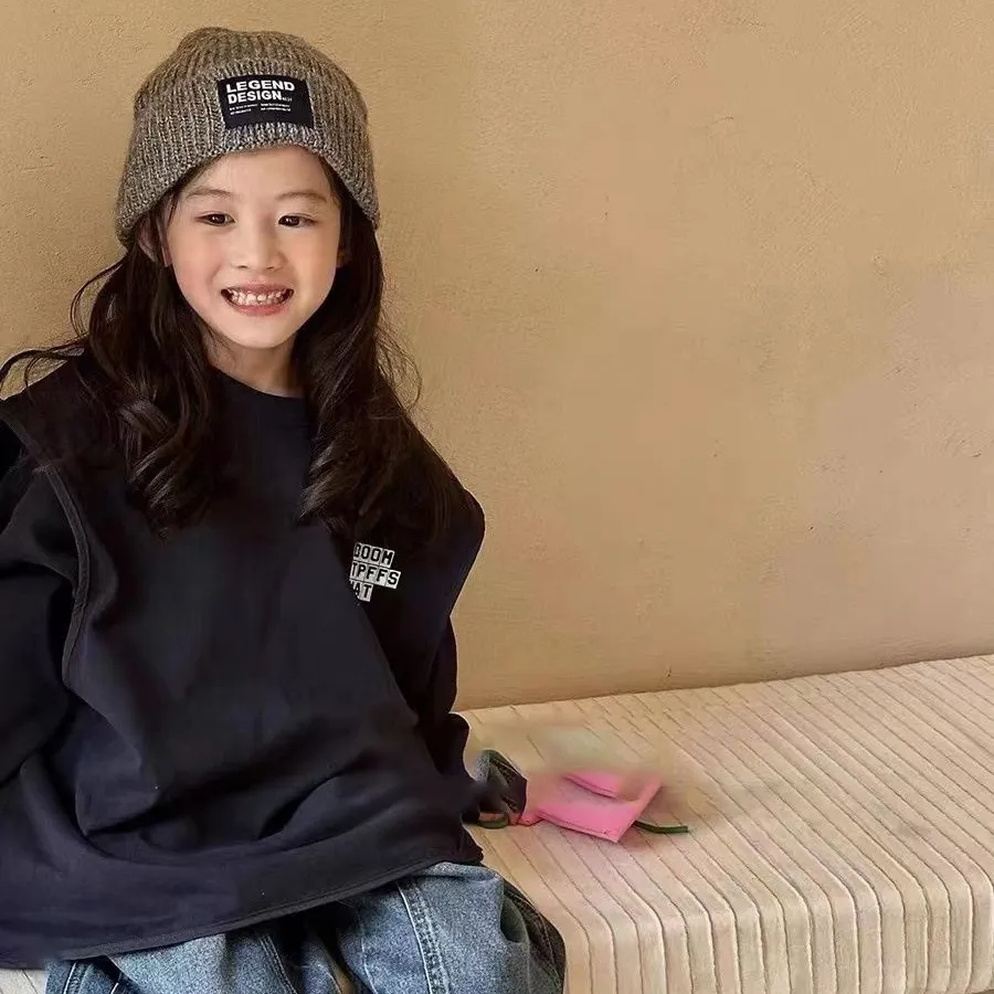 【120-170】レイヤード 重ね着風 切り替え アルファベット ゆったり 春秋 子供服 女の子 キッズ ジュニア トップス 長袖 Tシャツ