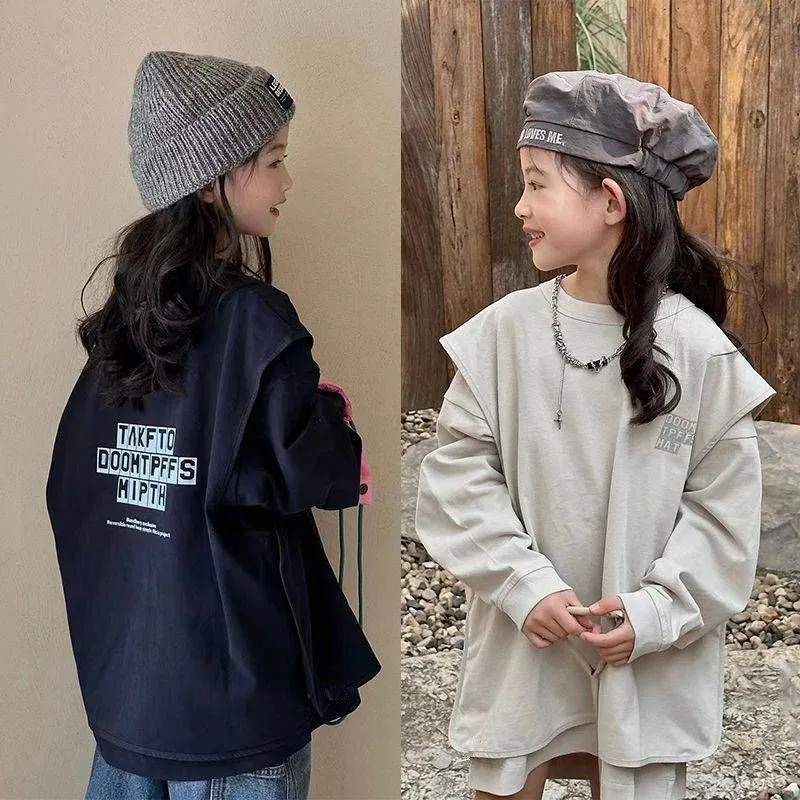 【120-170】レイヤード 重ね着風 切り替え アルファベット ゆったり 春秋 子供服 女の子 キッズ ジュニア トップス 長袖 Tシャツ