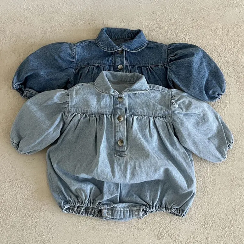 【65-90cm】春新作ヴァンテージパフスリーブデニムロンパース