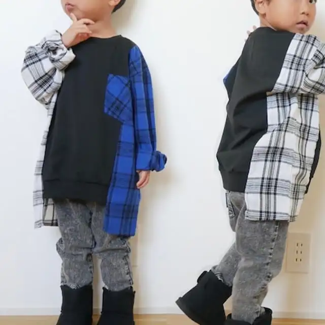 【100-160】チェック柄切り替えトレーナー