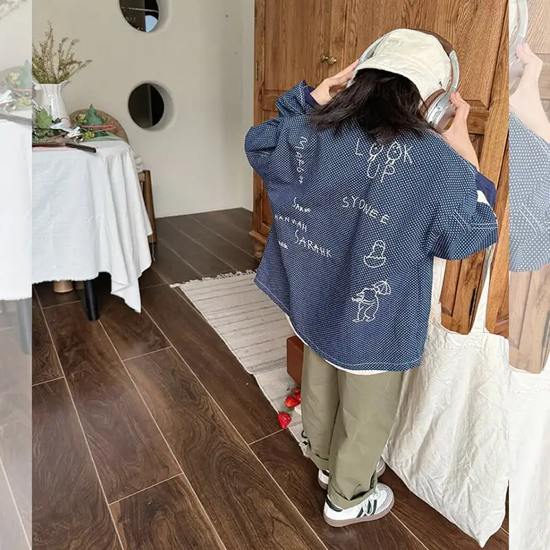 【90-150】ドット柄英字ロゴ刺しゅうシャツ