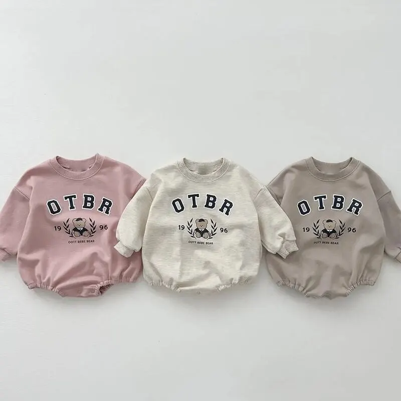 【66-90cm】春新作韓国風英字＆クマコットンロンパース