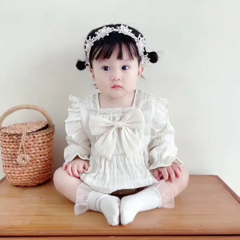 【66-90cm】春新作お姫様レースリボン付きロンパース