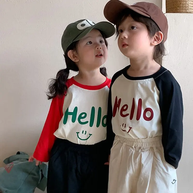【80-140】春新作HELLOログラグランスリーブ長袖Tシャツ