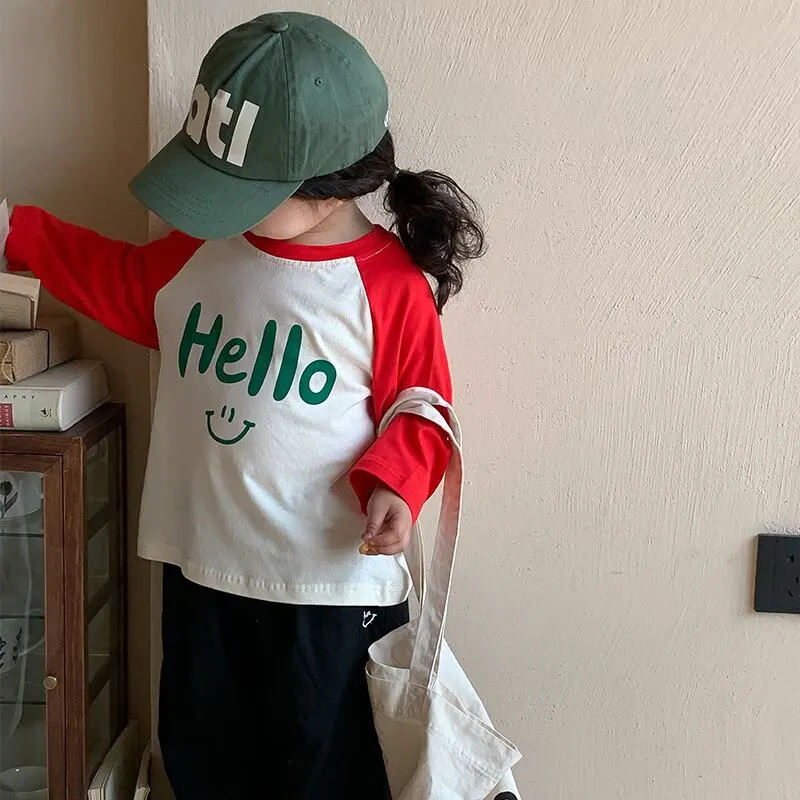 【80-140】春新作HELLOログラグランスリーブ長袖Tシャツ