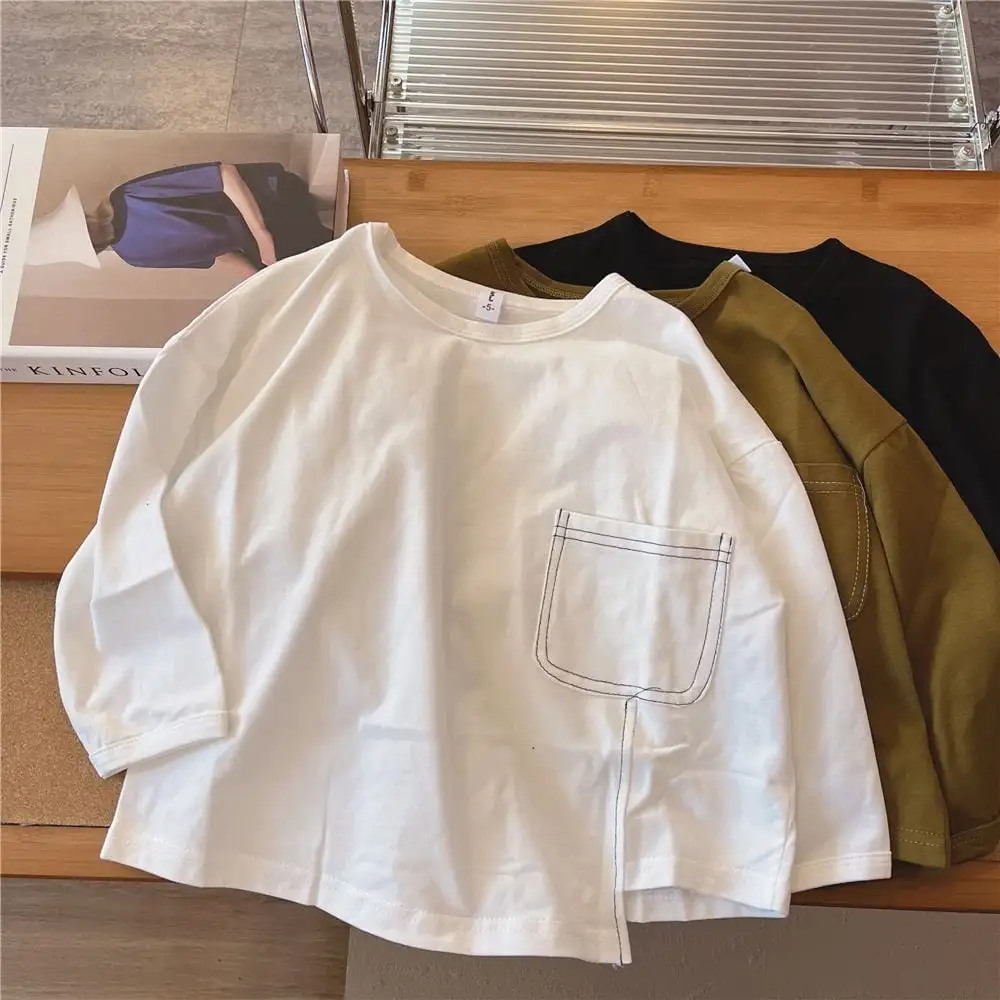 【90-130】春新作ステッチデザイン裾スリット長袖Tシャツ