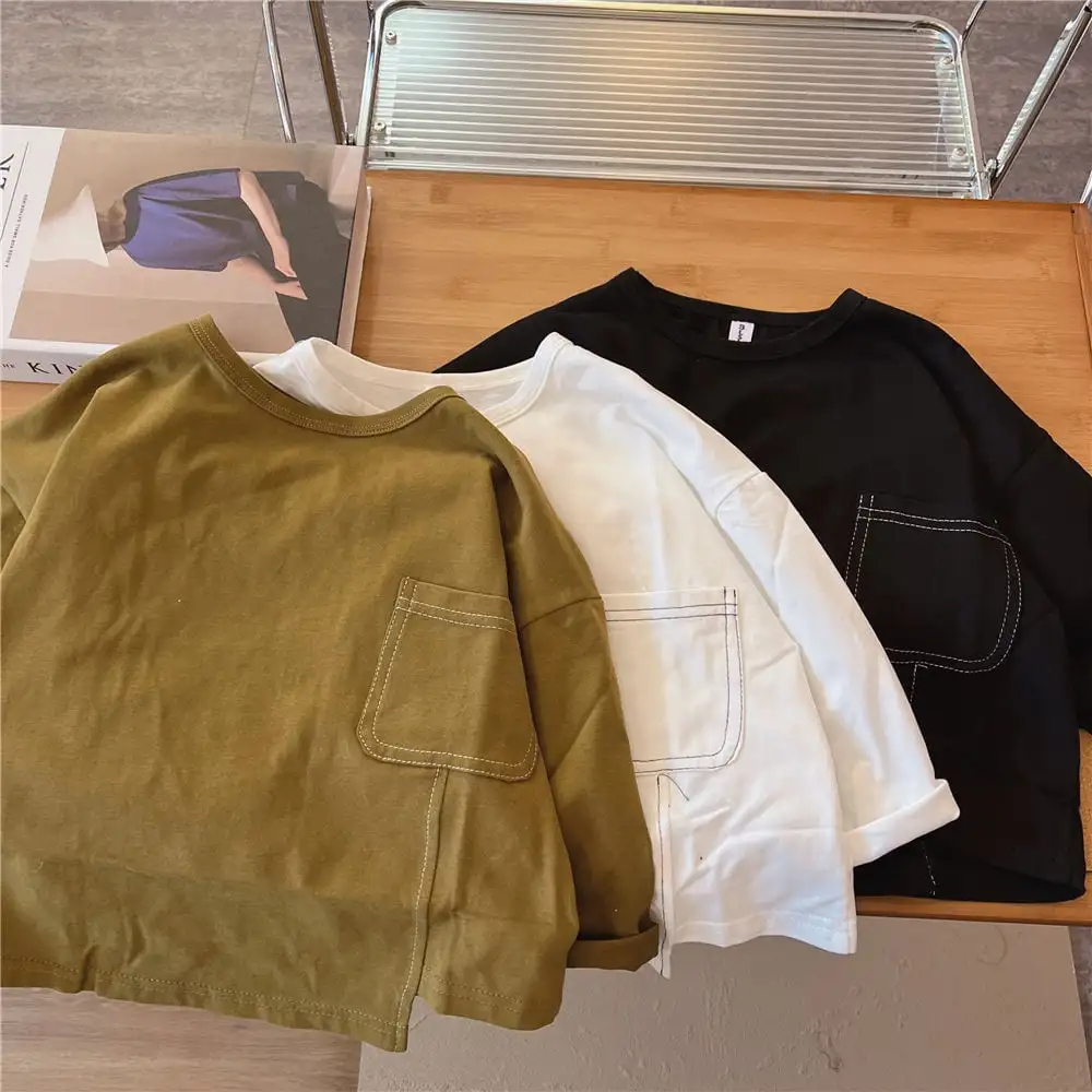 【90-130】春新作ステッチデザイン裾スリット長袖Tシャツ
