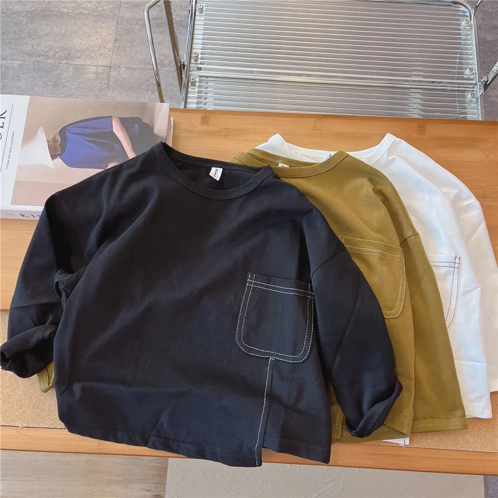 【90-130】春新作ステッチデザイン裾スリット長袖Tシャツ