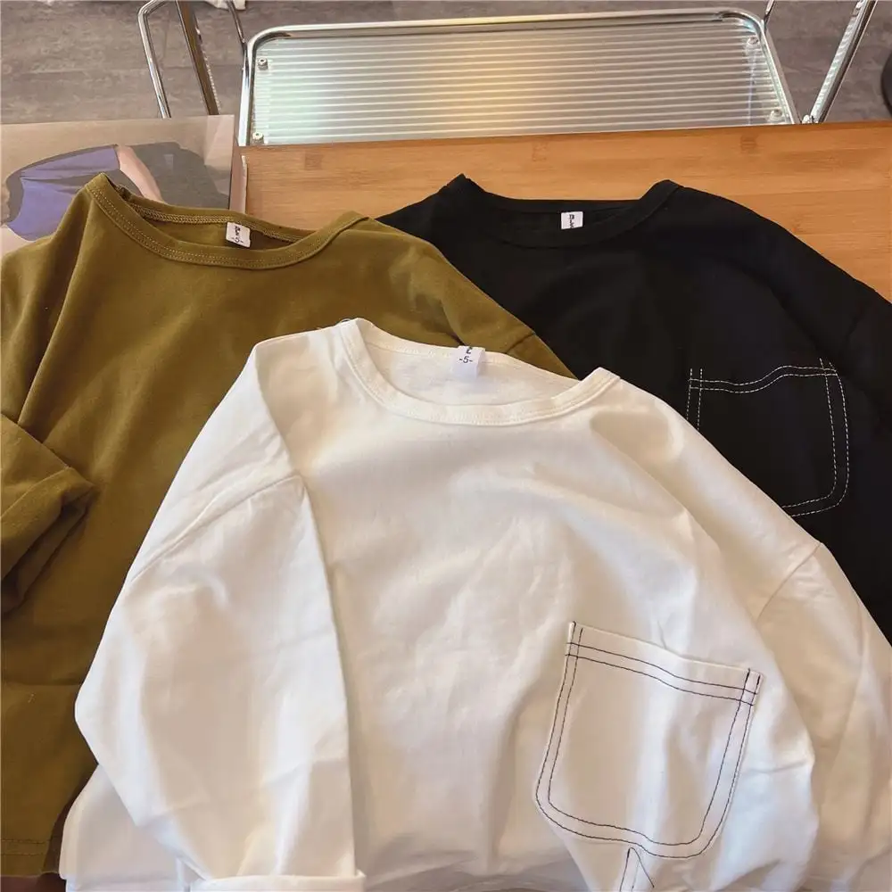 【90-130】春新作ステッチデザイン裾スリット長袖Tシャツ
