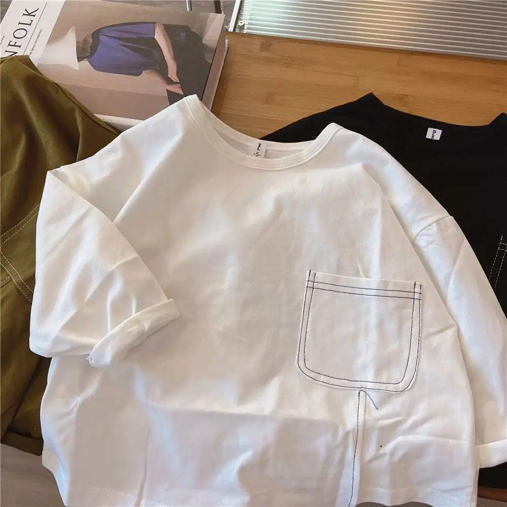 【90-130】春新作ステッチデザイン裾スリット長袖Tシャツ