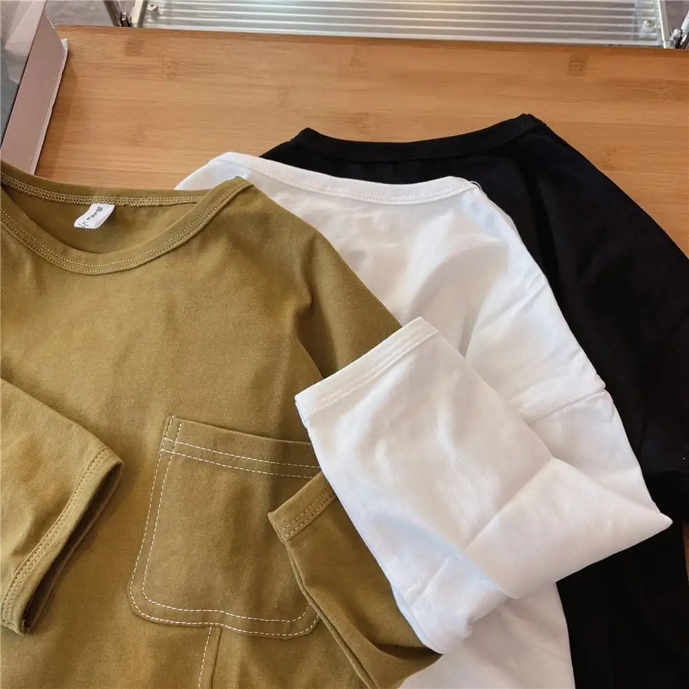 【90-130】春新作ステッチデザイン裾スリット長袖Tシャツ