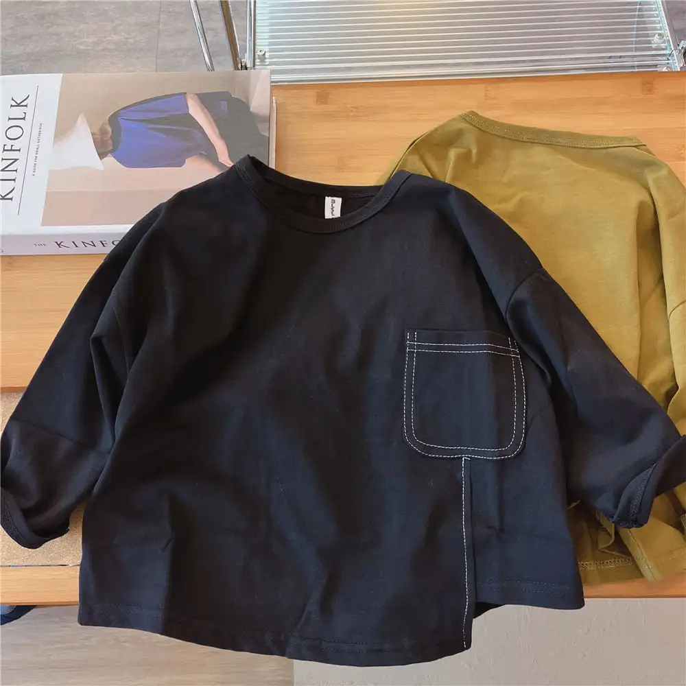 【90-130】春新作ステッチデザイン裾スリット長袖Tシャツ