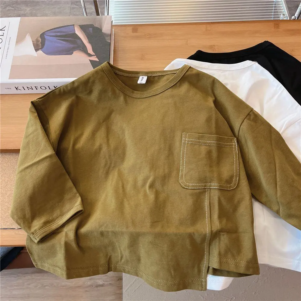【90-130】春新作ステッチデザイン裾スリット長袖Tシャツ