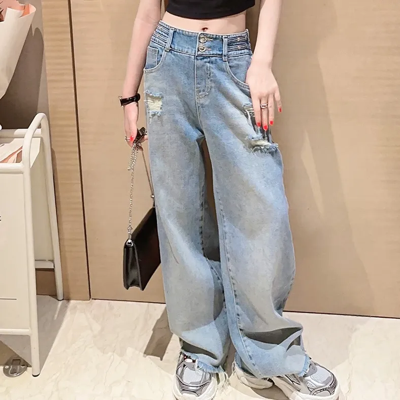 【120-170】オシャレ 無地 デニム ジーンズ ダメージ加工 春秋 子供服 キッズ ジュニア 女の子 ボトムス ワイドパンツ