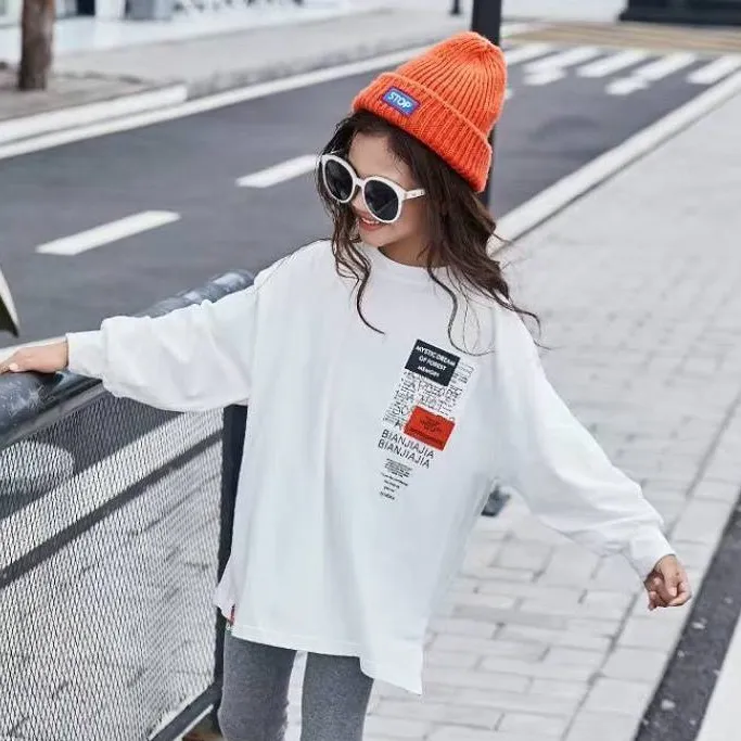 【110-160】着こなしやすいラウンドネックアルファベットプリントTシャツ女の子トトップス