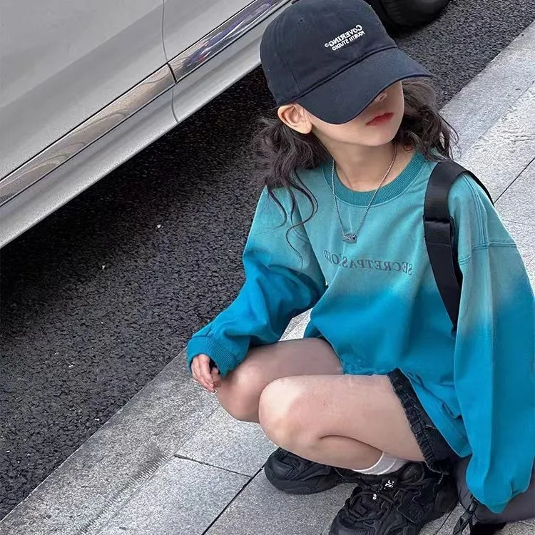 【110-160】グラデーション色長袖プリント女の子トップス