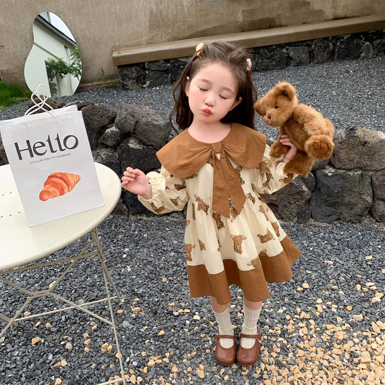 【90-140】カートゥーンプリントランタンスリーブスウィート女の子ワンピース