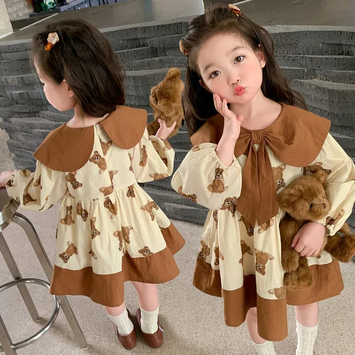【90-140】カートゥーンプリントランタンスリーブスウィート女の子ワンピース
