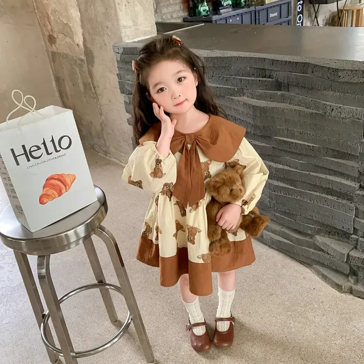 【90-140】カートゥーンプリントランタンスリーブスウィート女の子ワンピース