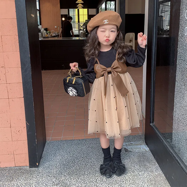 【80-140】高人気リボンラウンドネック切り替え長袖女の子ワンピース