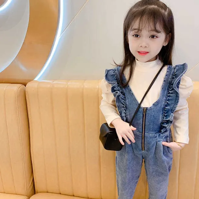 【80-130】伸縮性のある無地デニム韓国系ギャザー飾り切り替え女の子ボトムス