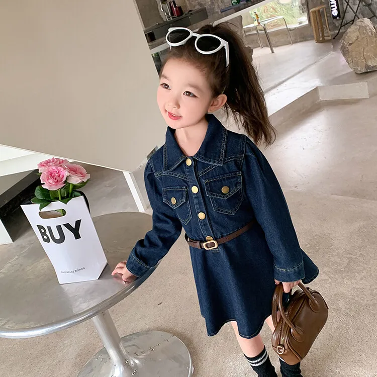 【90-140】レトロ 無地 ファッション おしゃれ キッズ 子供 服 トドラー 女の子 春秋 デニム ワンピース