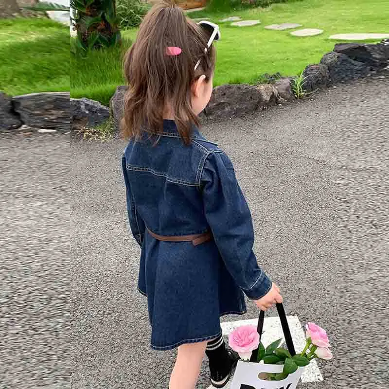 【90-140】レトロ 無地 ファッション おしゃれ キッズ 子供 服 トドラー 女の子 春秋 デニム ワンピース