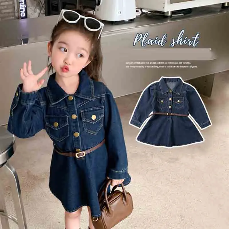 【90-140】レトロ 無地 ファッション おしゃれ キッズ 子供 服 トドラー 女の子 春秋 デニム ワンピース