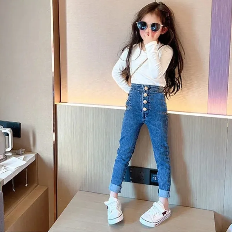 【110-150】韓国系 無地 デニム ジーンズ 伸縮性 ボタン 春秋 子供服 キッズ ジュニア 女の子 ボトムス スリムパンツ