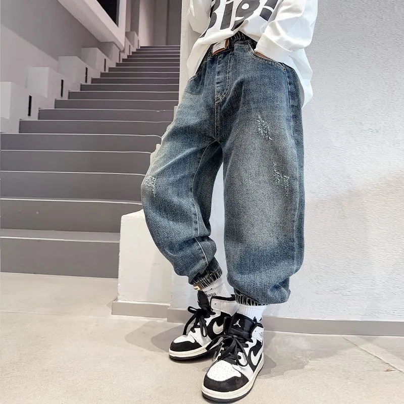 【120-170】今季注目 シンプル ストリート系 無地 アルファベット キッズ 男の子 デニム パンツ ボトムス