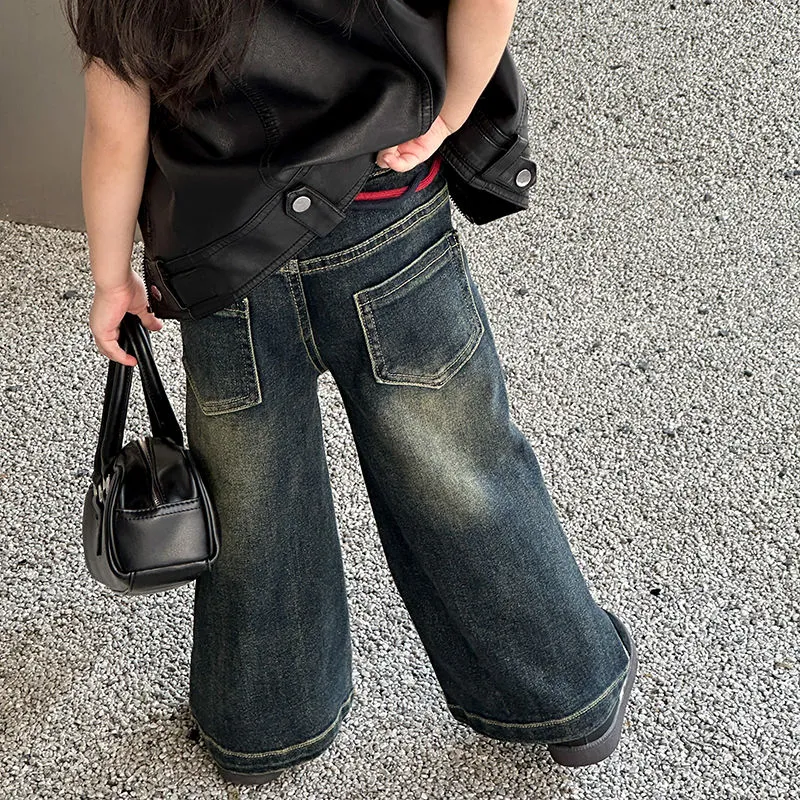 【80-130】韓国系 ファッション ダメージ加工 履きやすい  キッズ 子供 服 女の子 トドラー 春秋 デニムパンツ ボトムス