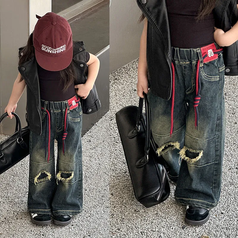 【80-130】韓国系 ファッション ダメージ加工 履きやすい  キッズ 子供 服 女の子 トドラー 春秋 デニムパンツ ボトムス