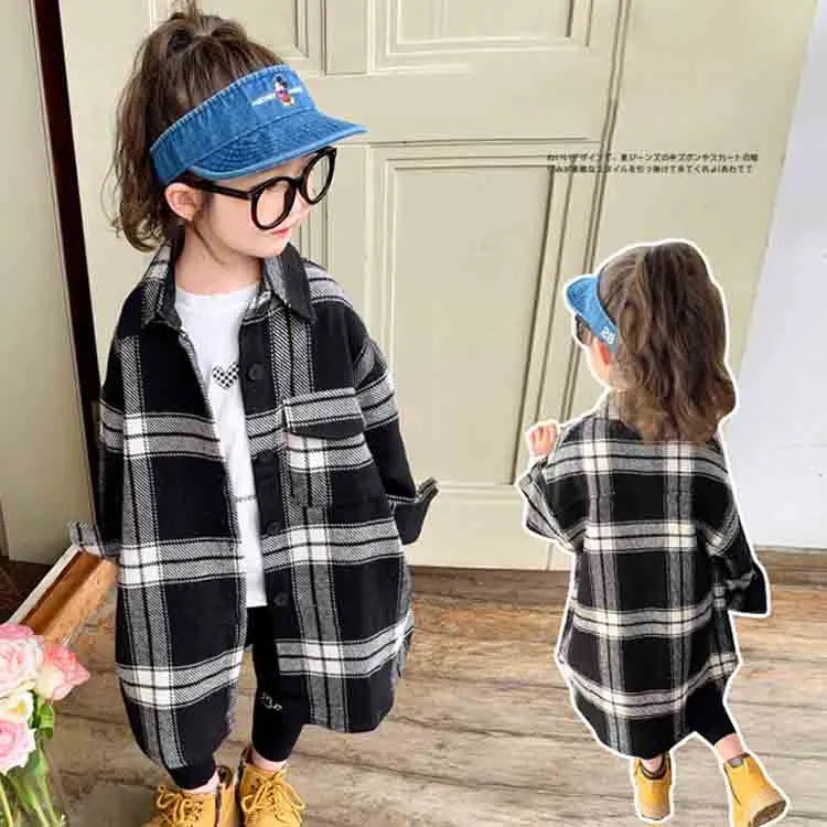 【90-140】韓国系 ファッション チェック柄  折り襟 キッズ 子供 服 トドラー 女の子 春秋 シャツ トップス